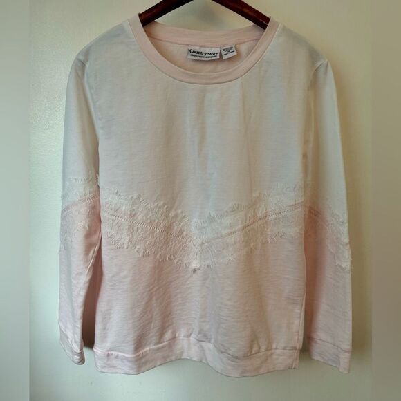 country store Tops - Country Store Women’s Crew Neck Sweatshirt Light Pink & White Lace Detail Cotton